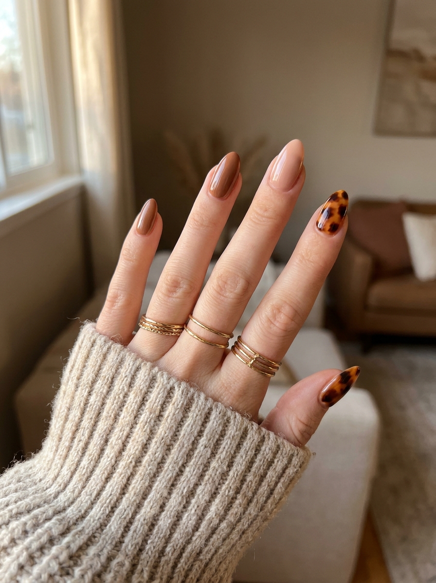Almond Nails with Tortoise Shell Accent als Almond Fall Nails Inspiration 2026